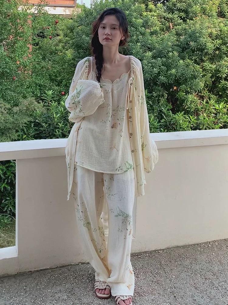 Gauze Cotton Pajama Set: Tie-Dye Camisole & Robe Loungewear