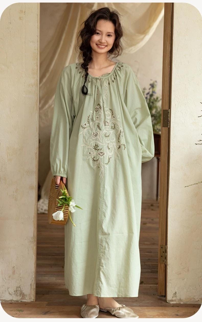 Bamboo Cotton Embroidered Pajama Set: Boho Women Sleepwear，Loungwear