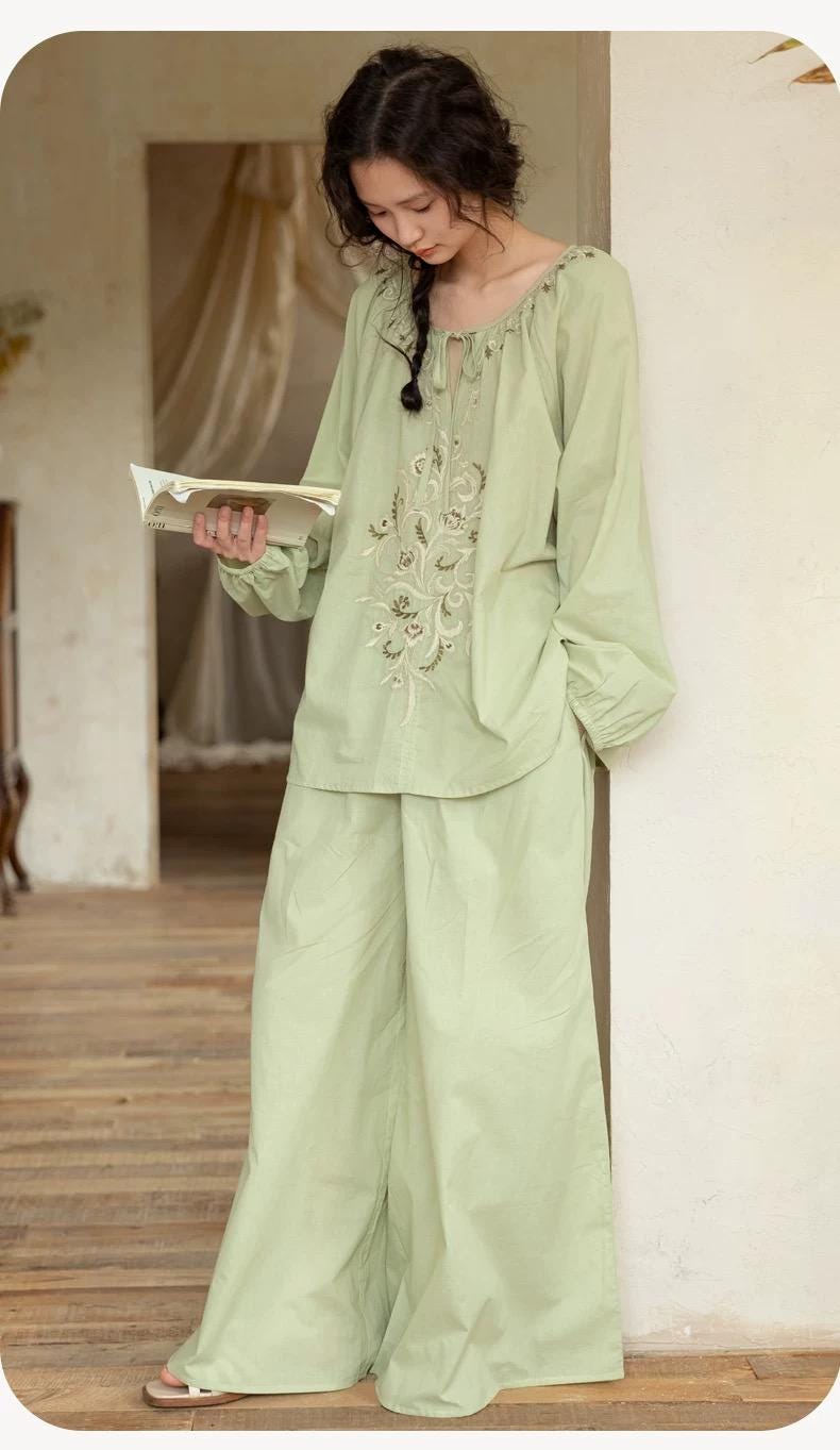 Bamboo Cotton Embroidered Pajama Set: Boho Women Sleepwear，Loungwear