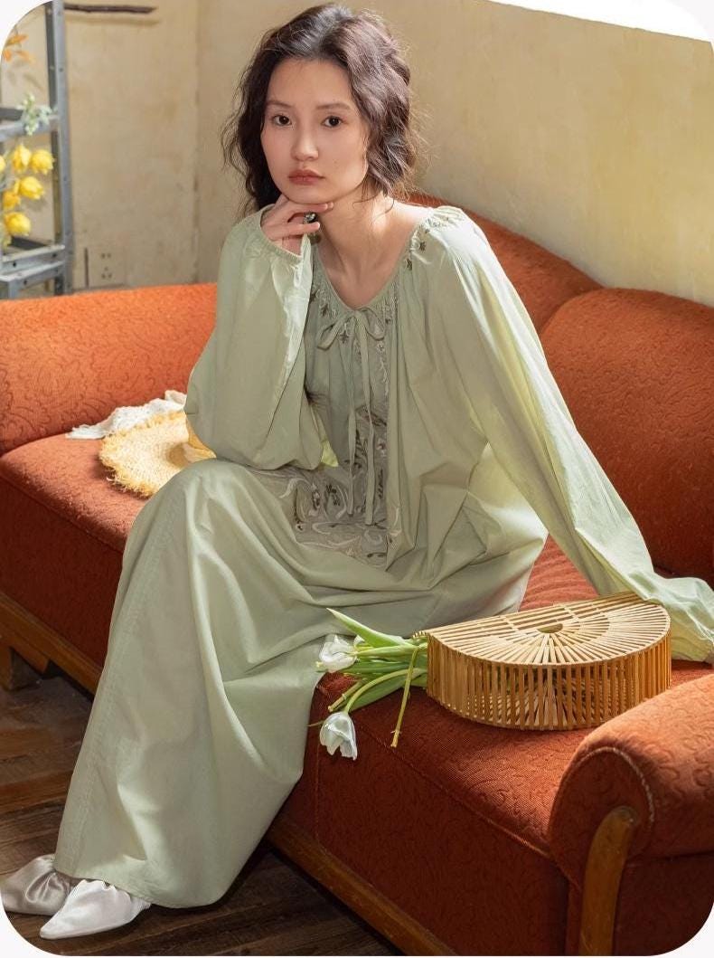 Bamboo Cotton Embroidered Pajama Set: Boho Women Sleepwear，Loungwear