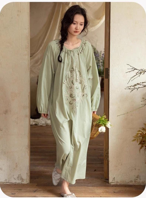 Bamboo Cotton Embroidered Pajama Set: Boho Women Sleepwear，Loungwear