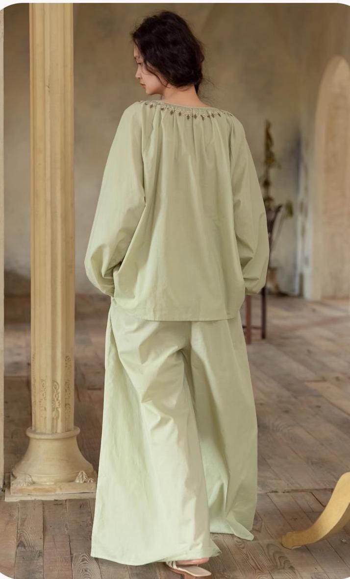 Bamboo Cotton Embroidered Pajama Set: Boho Women Sleepwear，Loungwear