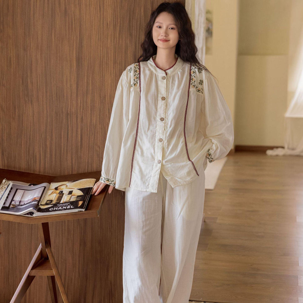 Embroidered Bamboo Cotton Loungewear Set: White Kimono Robe & Dress