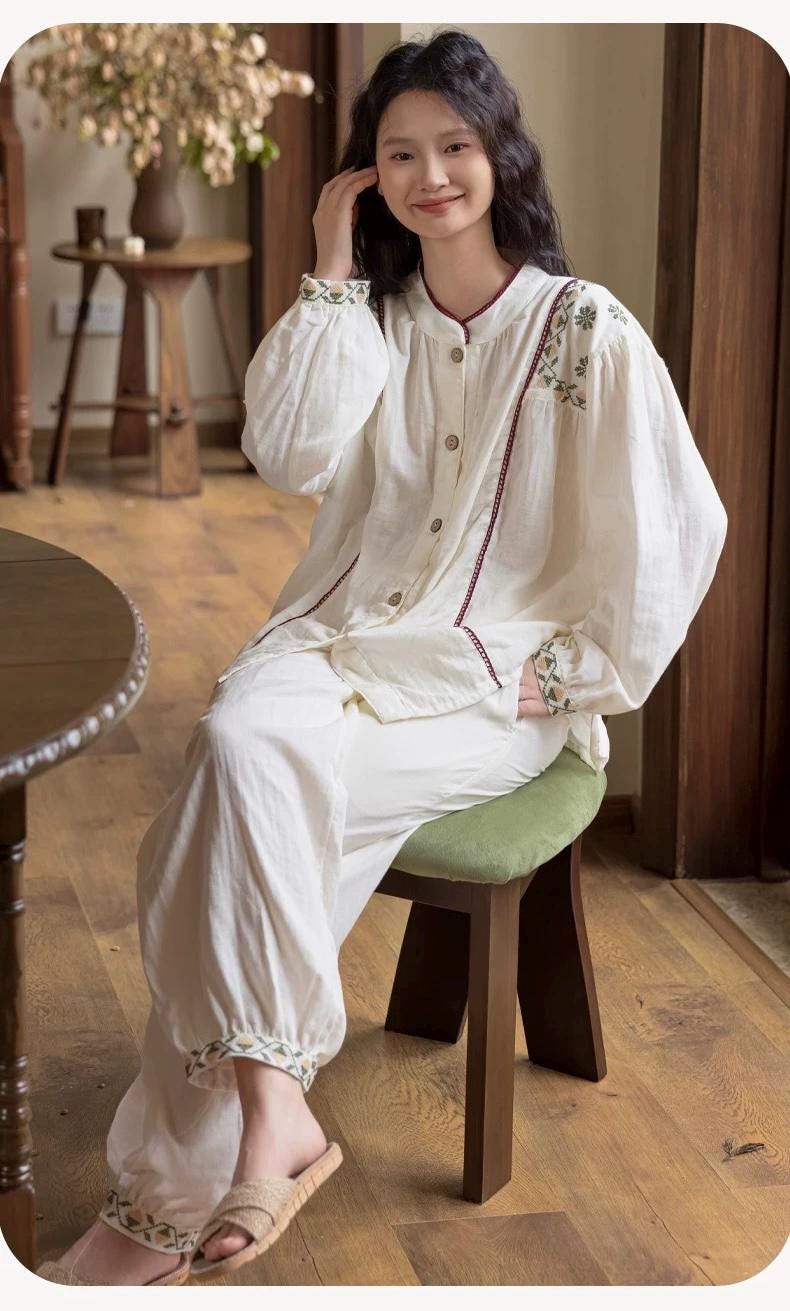 Embroidered Bamboo Cotton Loungewear Set: White Kimono Robe & Dress