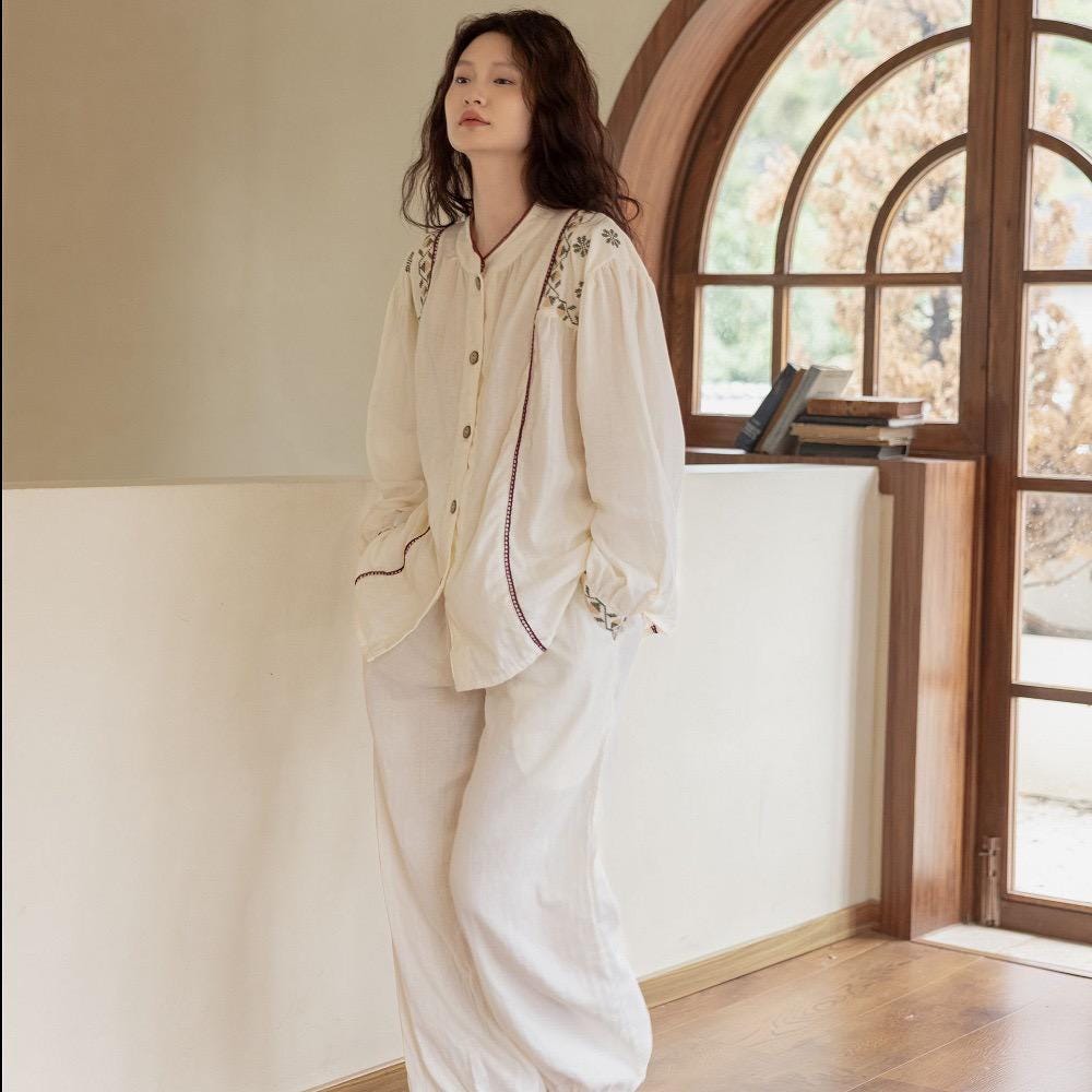 Embroidered Bamboo Cotton Loungewear Set: White Kimono Robe & Dress