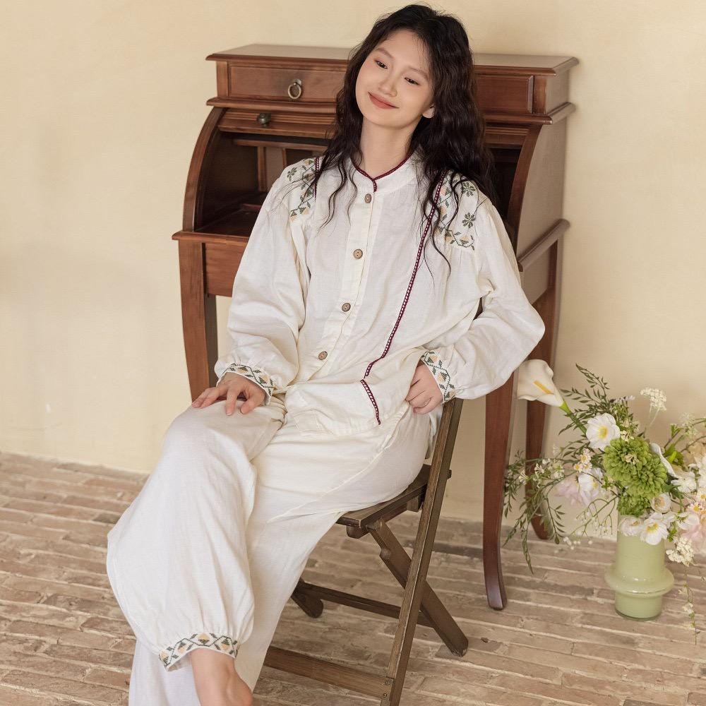 Embroidered Bamboo Cotton Loungewear Set: White Kimono Robe & Dress