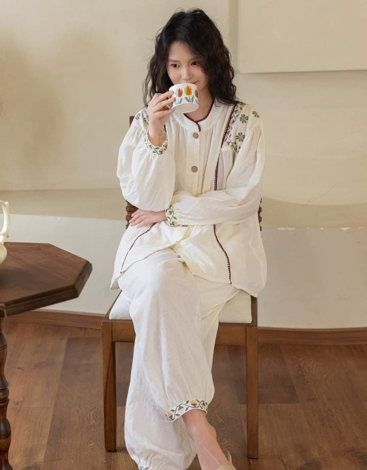 Embroidered Bamboo Cotton Loungewear Set: White Kimono Robe & Dress