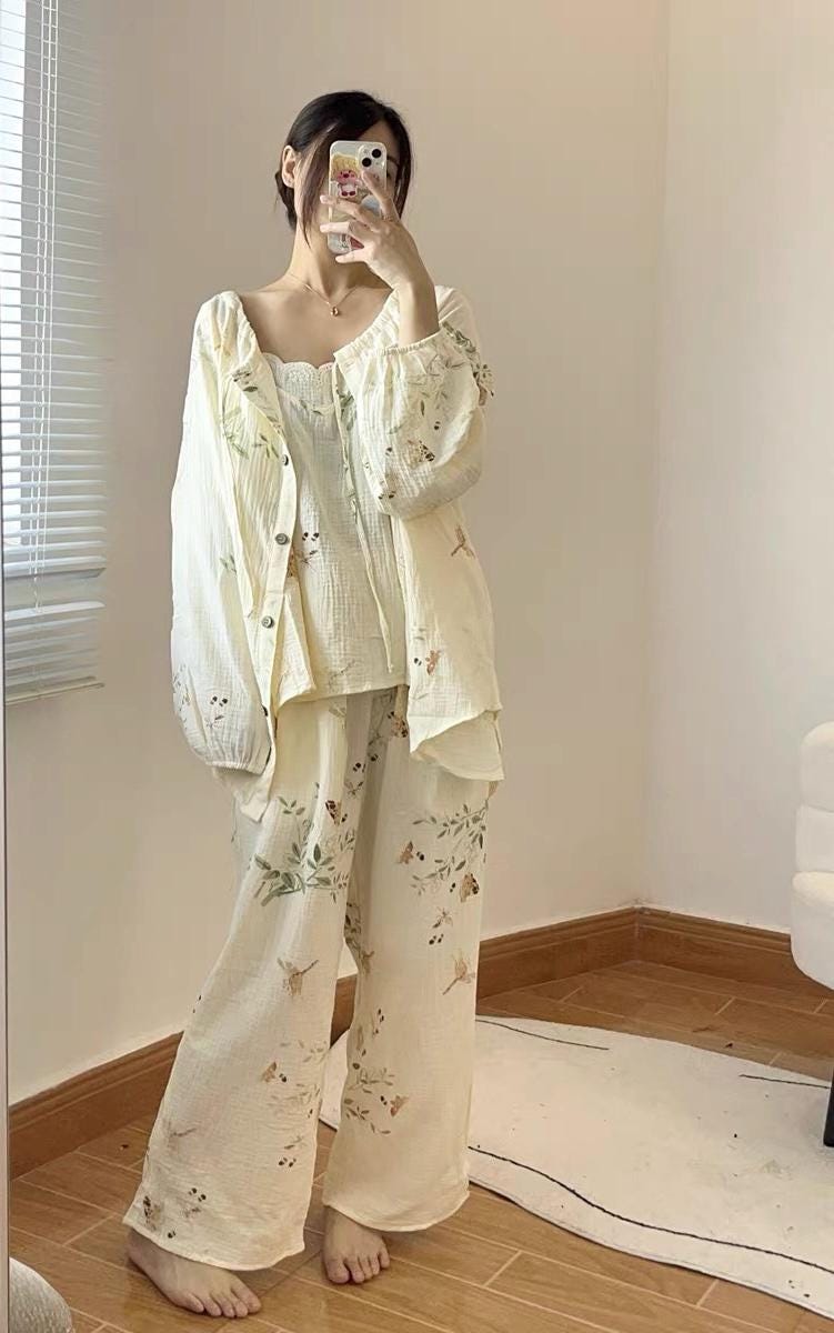 Gauze Cotton Pajama Set: Tie-Dye Camisole & Robe Loungewear