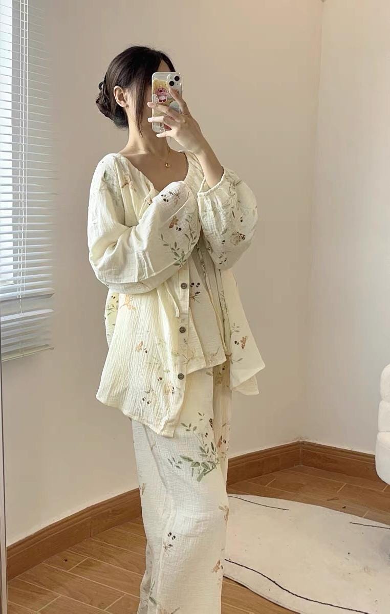 Gauze Cotton Pajama Set: Tie-Dye Camisole & Robe Loungewear