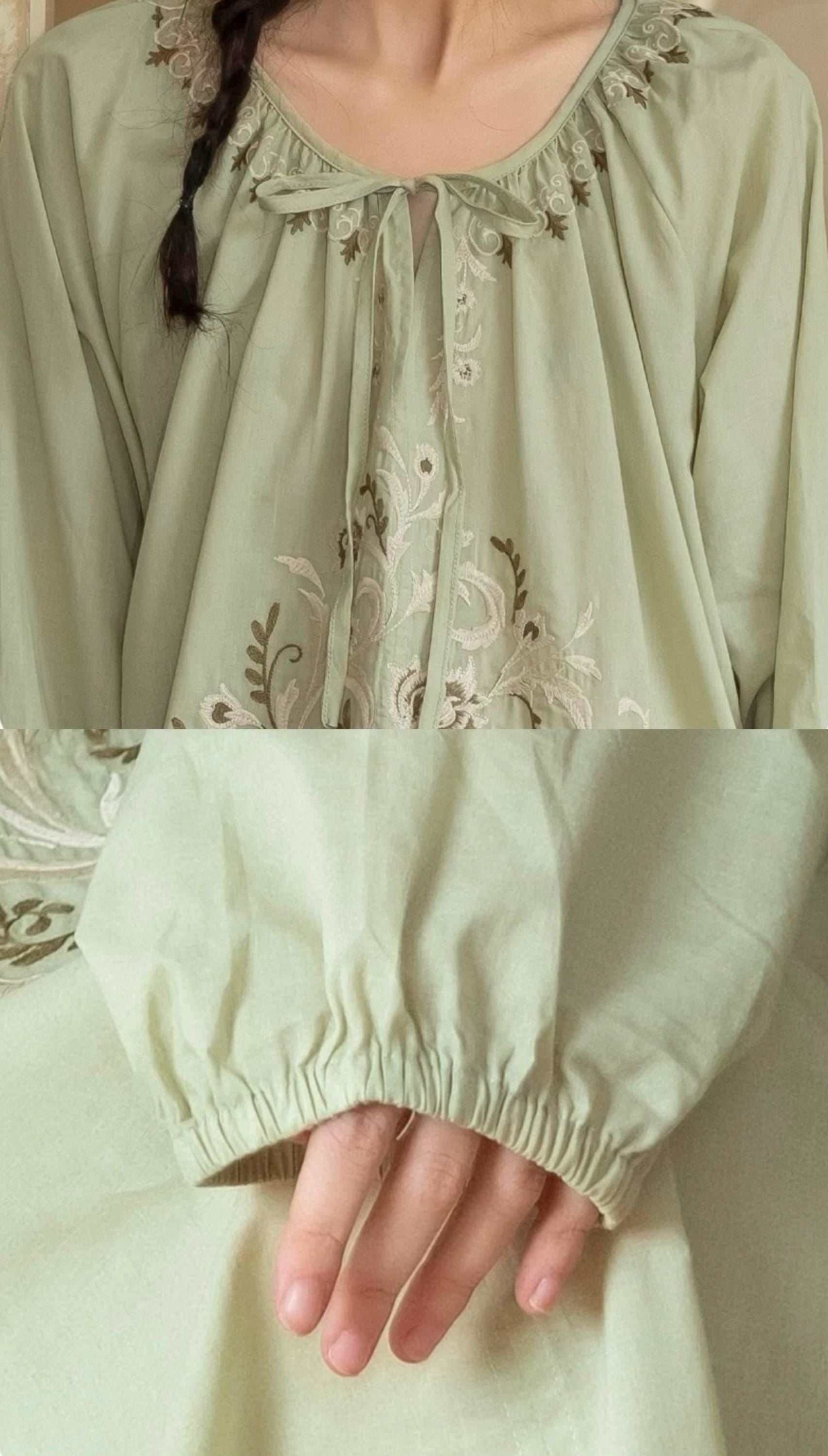 Bamboo Cotton Embroidered Pajama Set: Boho Women Sleepwear，Loungwear