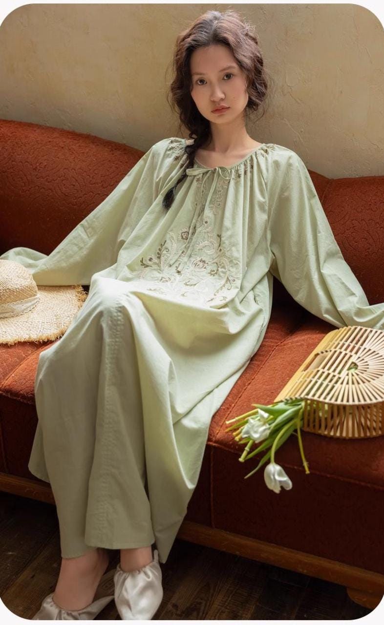 Bamboo Cotton Embroidered Pajama Set: Boho Women Sleepwear，Loungwear