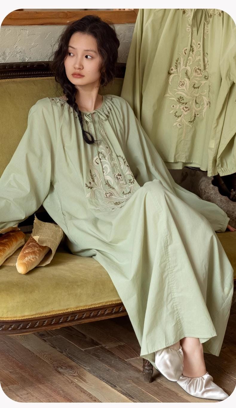 Bamboo Cotton Embroidered Pajama Set: Boho Women Sleepwear，Loungwear