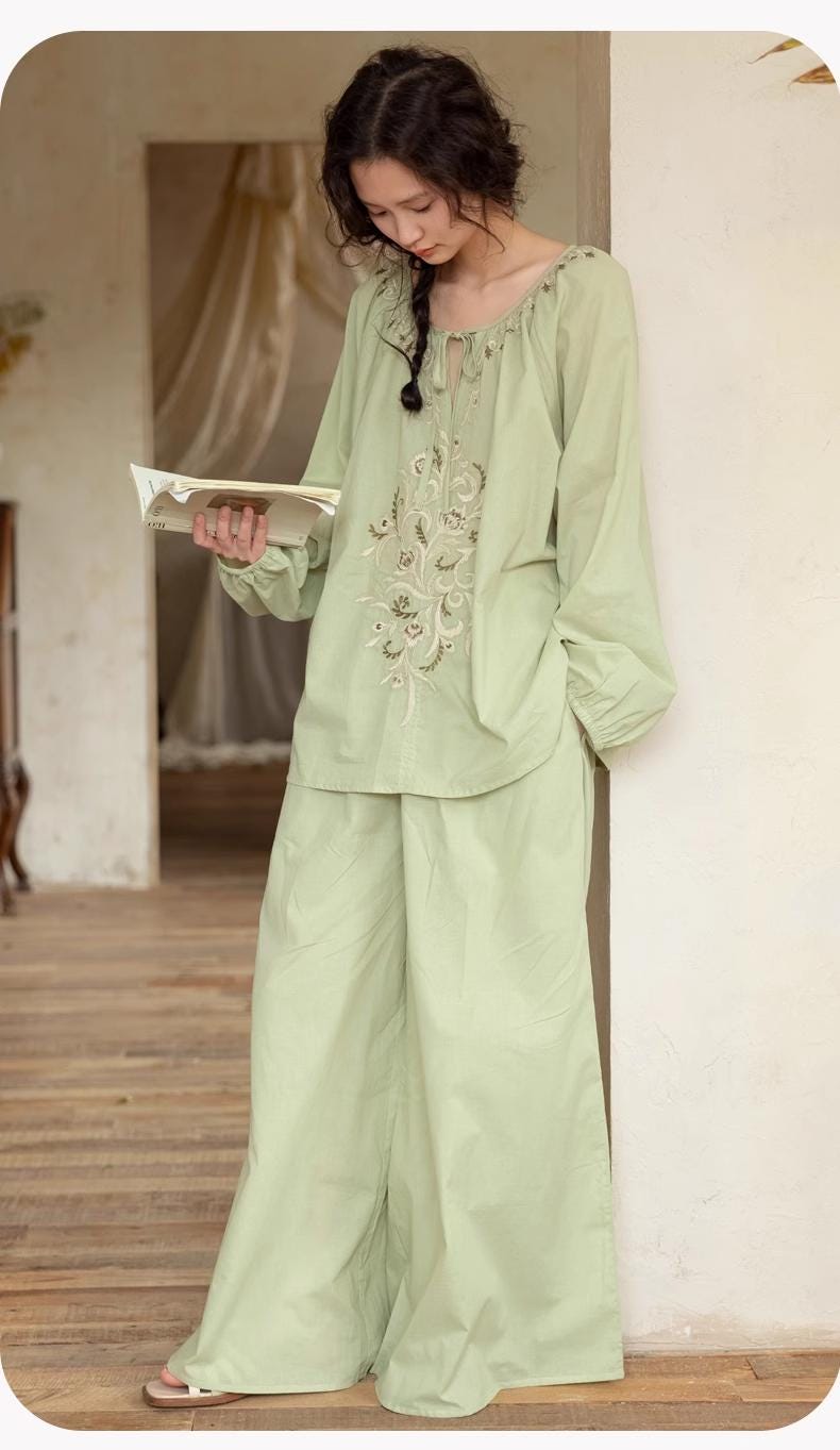 Bamboo Cotton Embroidered Pajama Set: Boho Women Sleepwear，Loungwear