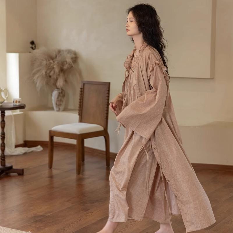 Bamboo Cotton Robe Set: Ruffle Trim Lounge Dress Kimono - Earth Tone