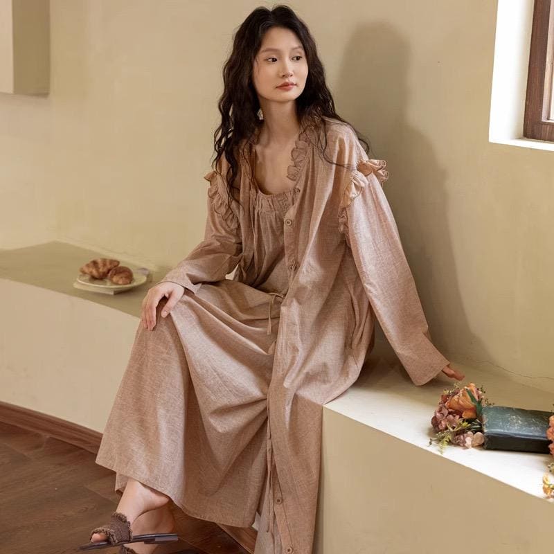 Bamboo Cotton Robe Set: Ruffle Trim Lounge Dress Kimono - Earth Tone