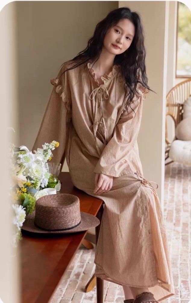 Bamboo Cotton Robe Set: Ruffle Trim Lounge Dress Kimono - Earth Tone