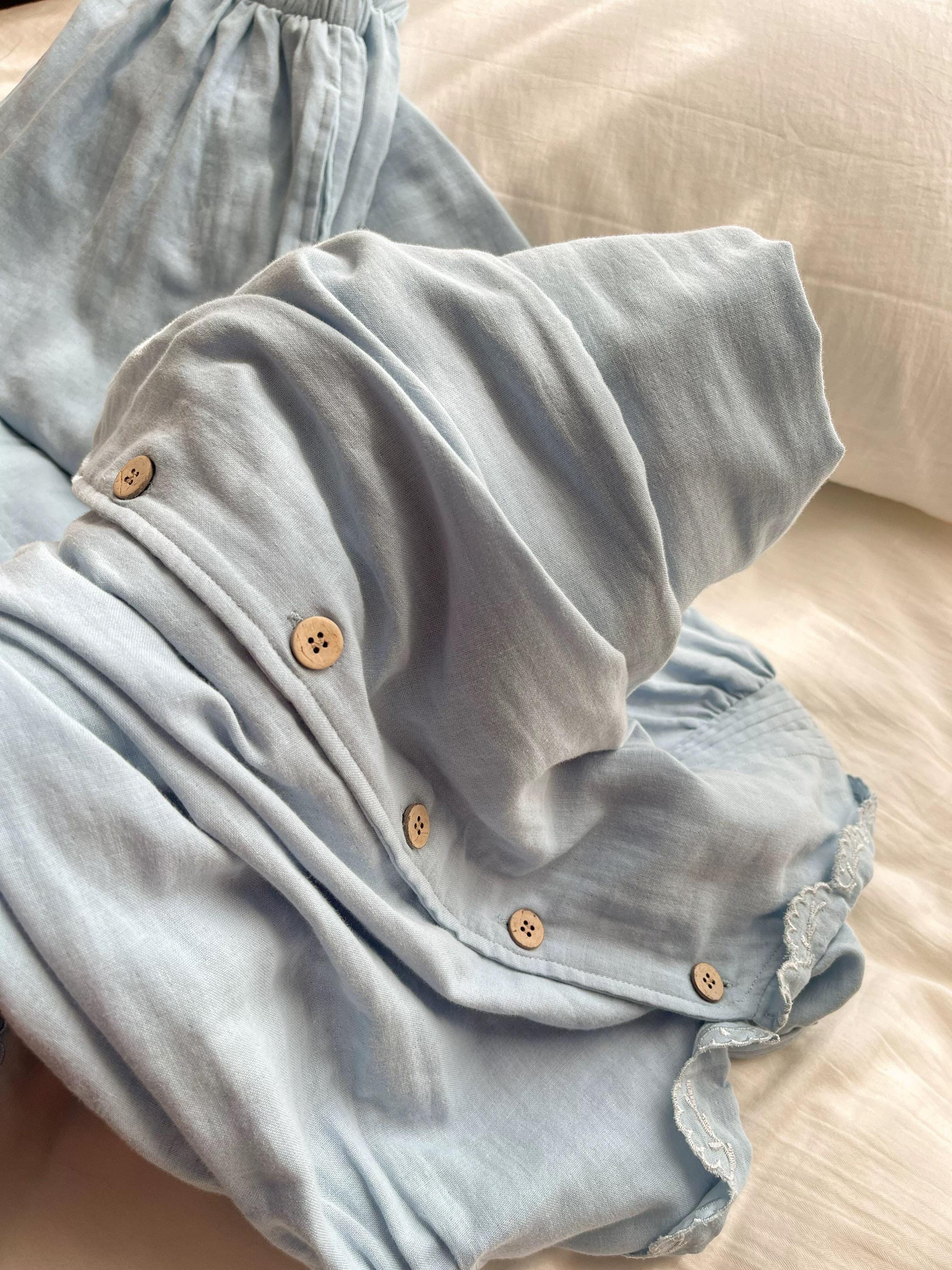 Sky Blue Gauze Cotton Pajama Set: Embroidered or Ruffle Top Loungewear Options