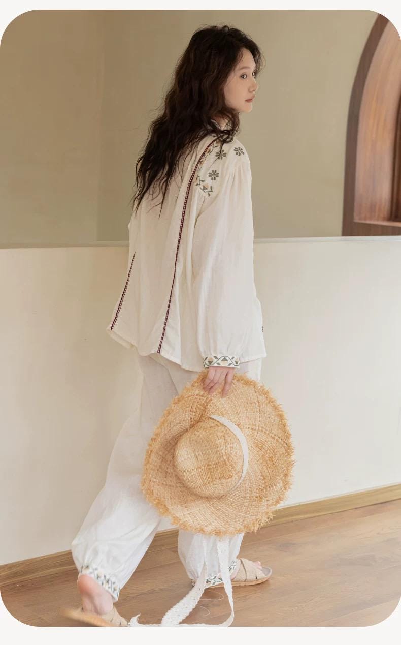 Embroidered Bamboo Cotton Loungewear Set: White Kimono Robe & Dress