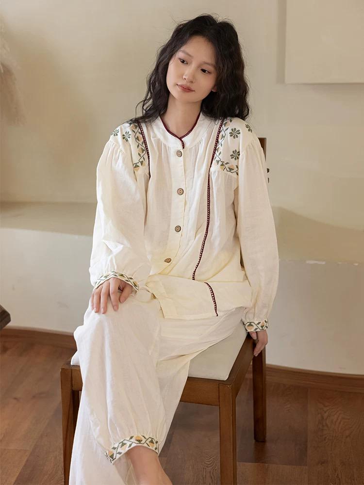 Embroidered Bamboo Cotton Loungewear Set: White Kimono Robe & Dress