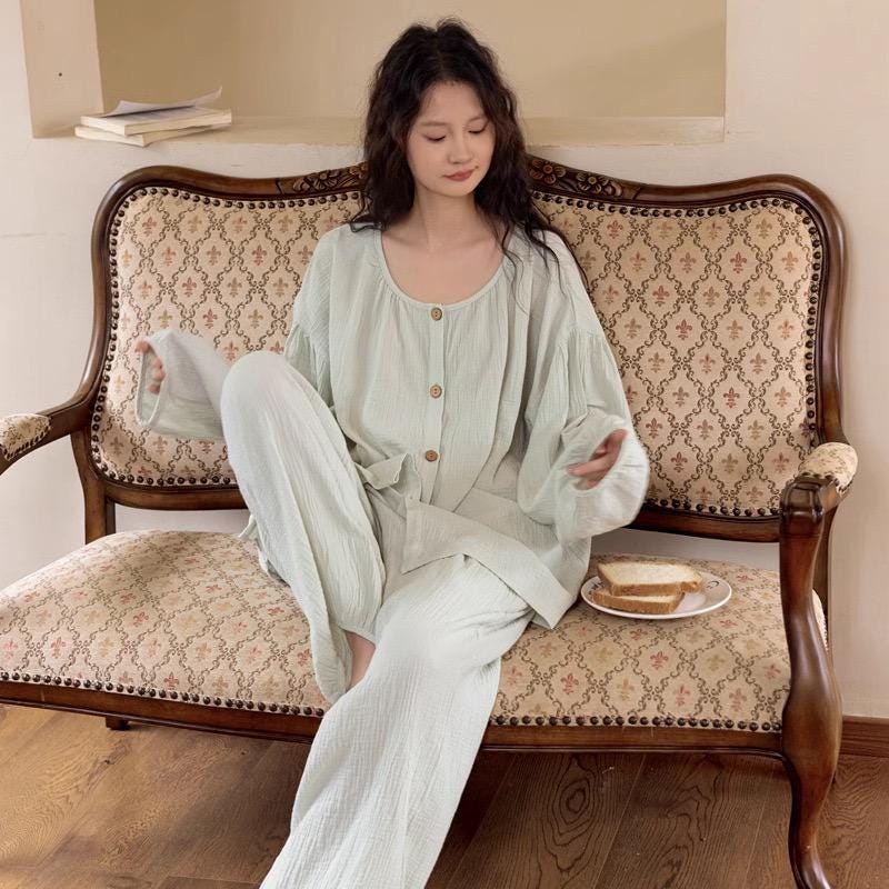 Mint Green Gauze Cotton Pajama Set: Breathable Wide-Leg Loungewear