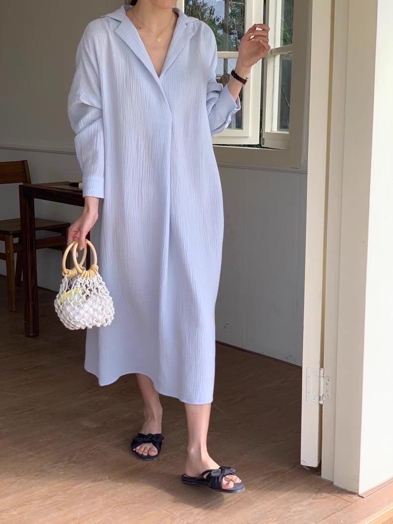 Linen Cotton Shirt Dress, Light Blue Loungewear, Mediterranean Resort Wear