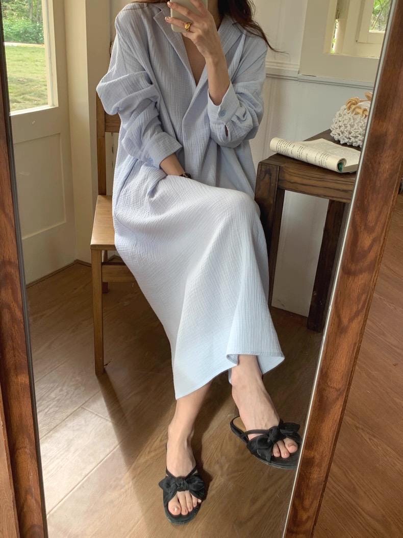 Linen Cotton Shirt Dress, Light Blue Loungewear, Mediterranean Resort Wear