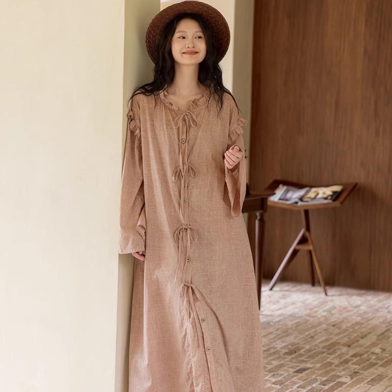 Bamboo Cotton Robe Set: Ruffle Trim Lounge Dress Kimono - Earth Tone