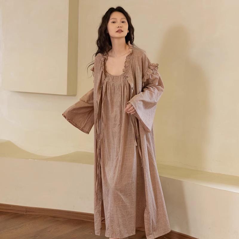 Bamboo Cotton Robe Set: Ruffle Trim Lounge Dress Kimono - Earth Tone
