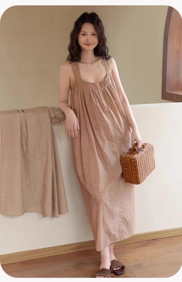 Bamboo Cotton Robe Set: Ruffle Trim Lounge Dress Kimono - Earth Tone