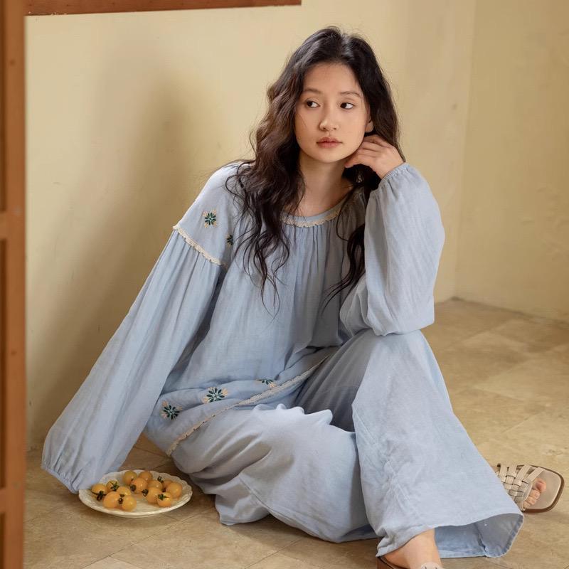 Sky Blue Gauze Cotton Pajama Set: Embroidered or Ruffle Top Loungewear Options