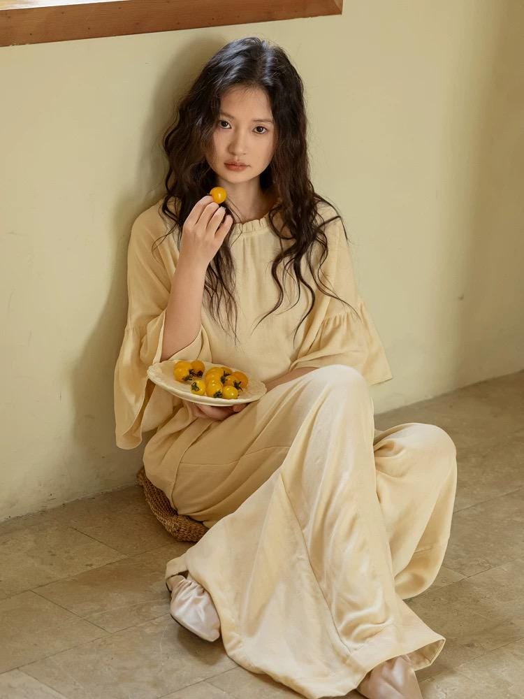Butter Yellow Bamboo Lounge Set: Ruffle Sleeve Loungewear