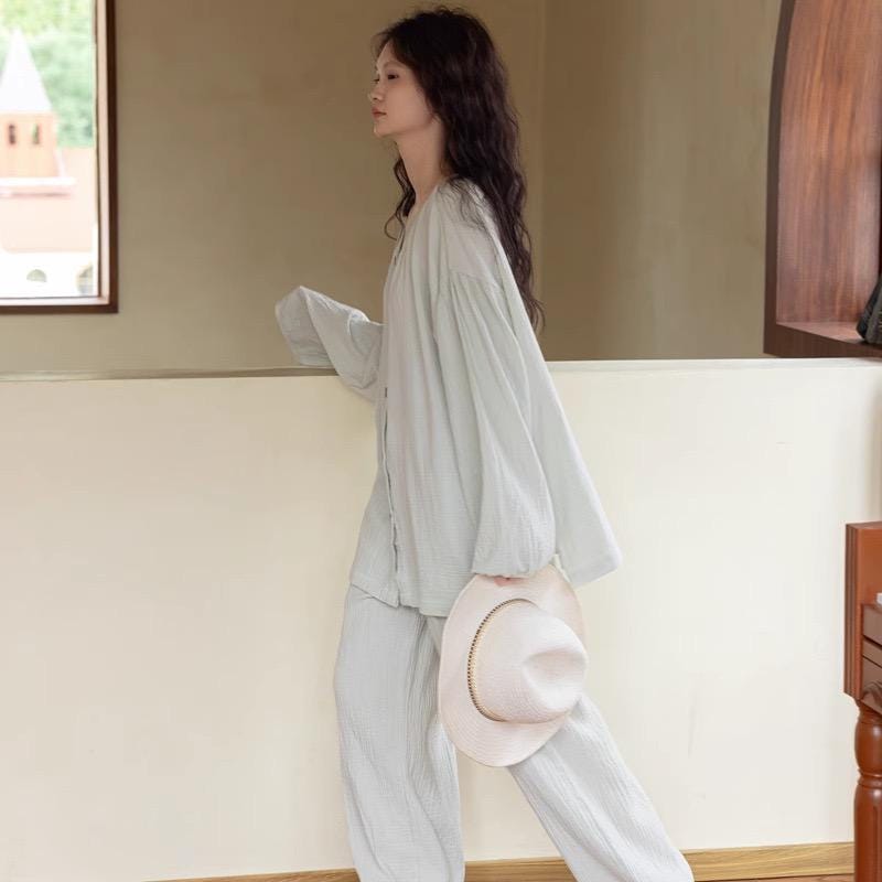 Mint Green Gauze Cotton Pajama Set: Breathable Wide-Leg Loungewear