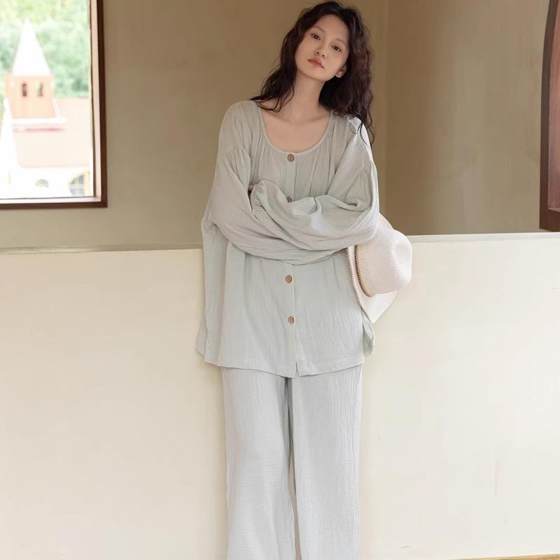 Mint Green Gauze Cotton Pajama Set: Breathable Wide-Leg Loungewear