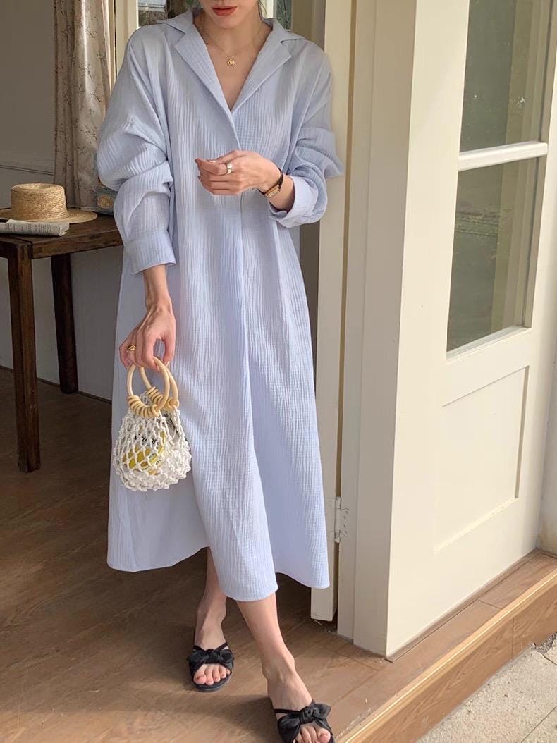 Linen Cotton Shirt Dress, Light Blue Loungewear, Mediterranean Resort Wear