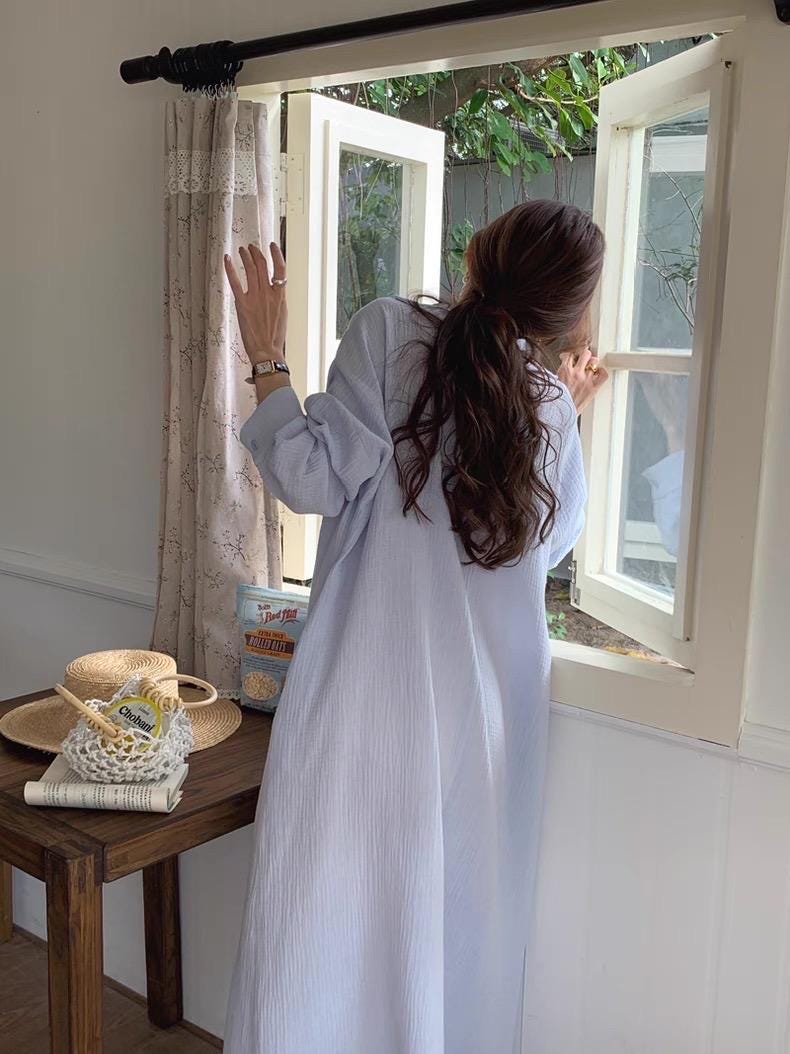 Linen Cotton Shirt Dress, Light Blue Loungewear, Mediterranean Resort Wear