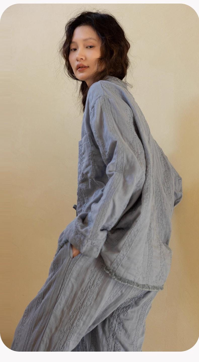 Gauze Cotton Loungewear Set: Breathable Linen-Look Pajamas，Gift-Ready Packaging