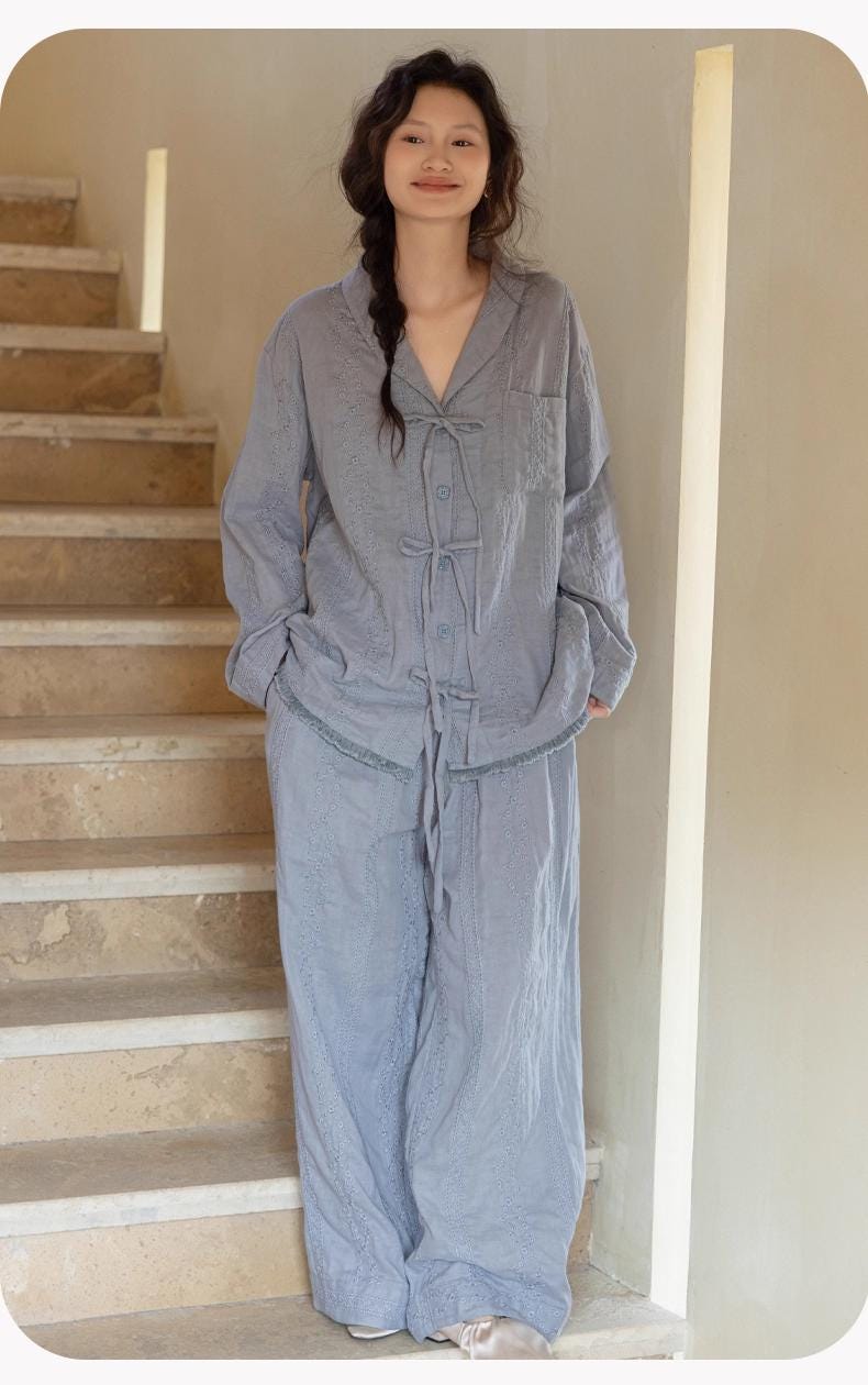 Gauze Cotton Loungewear Set: Breathable Linen-Look Pajamas，Gift-Ready Packaging