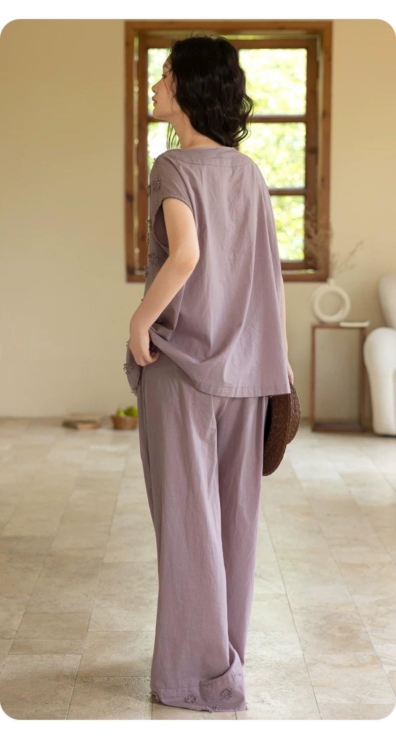 Embroidered Bamboo Cotton Pajama Set: Dusty Purple Cottagecore Lounge