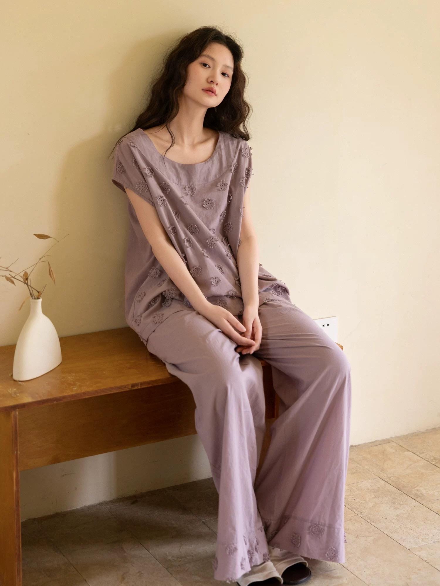 Embroidered Bamboo Cotton Pajama Set: Dusty Purple Cottagecore Lounge