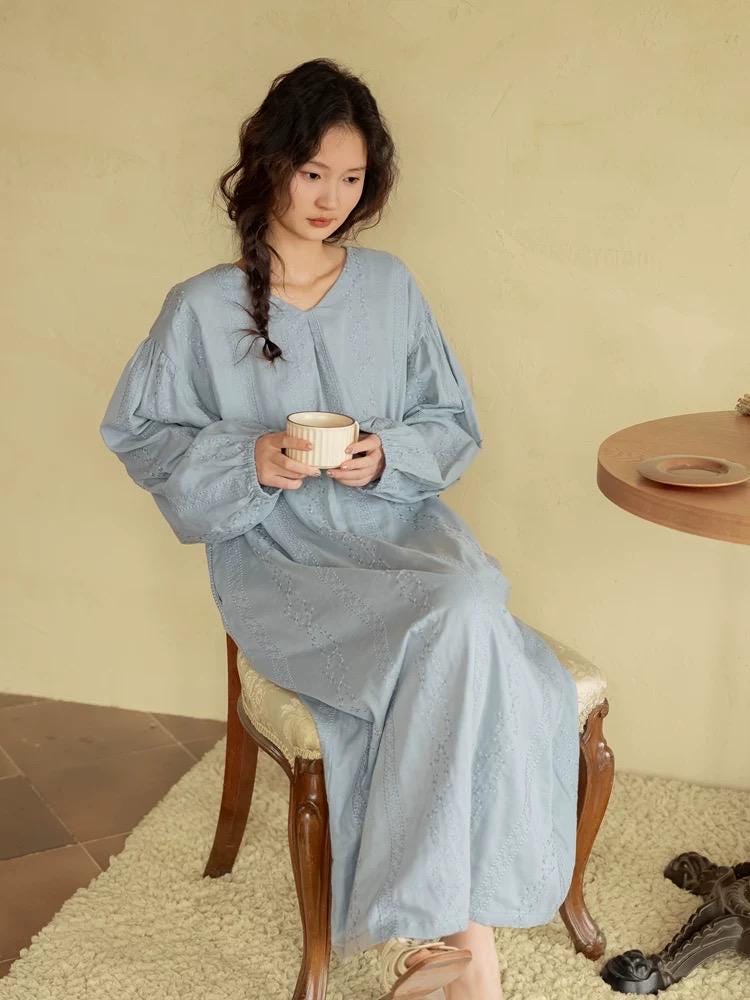 Embroidered Cotton Gauze Robe Dress and Pants Set, Breathable Linen-Feel Kaftan Loungewear