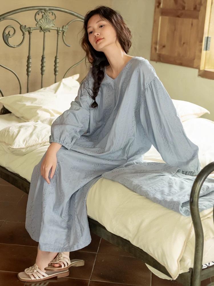 Embroidered Cotton Gauze Robe Dress and Pants Set, Breathable Linen-Feel Kaftan Loungewear