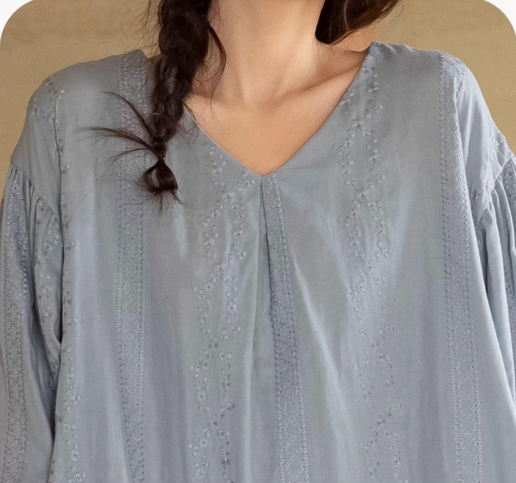 Embroidered Cotton Gauze Robe Dress and Pants Set, Breathable Linen-Feel Kaftan Loungewear