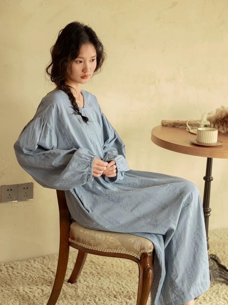 Embroidered Cotton Gauze Robe Dress and Pants Set, Breathable Linen-Feel Kaftan Loungewear