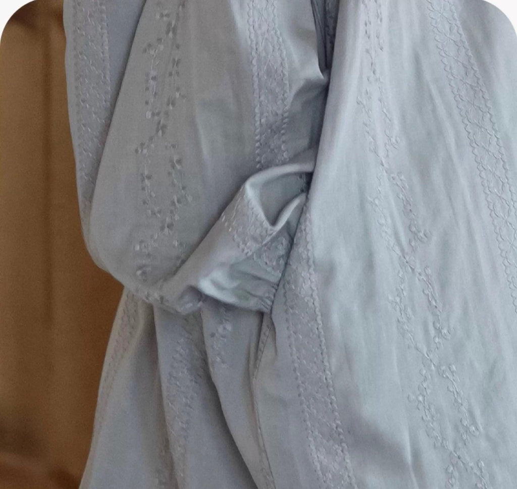 Embroidered Cotton Gauze Robe Dress and Pants Set, Breathable Linen-Feel Kaftan Loungewear