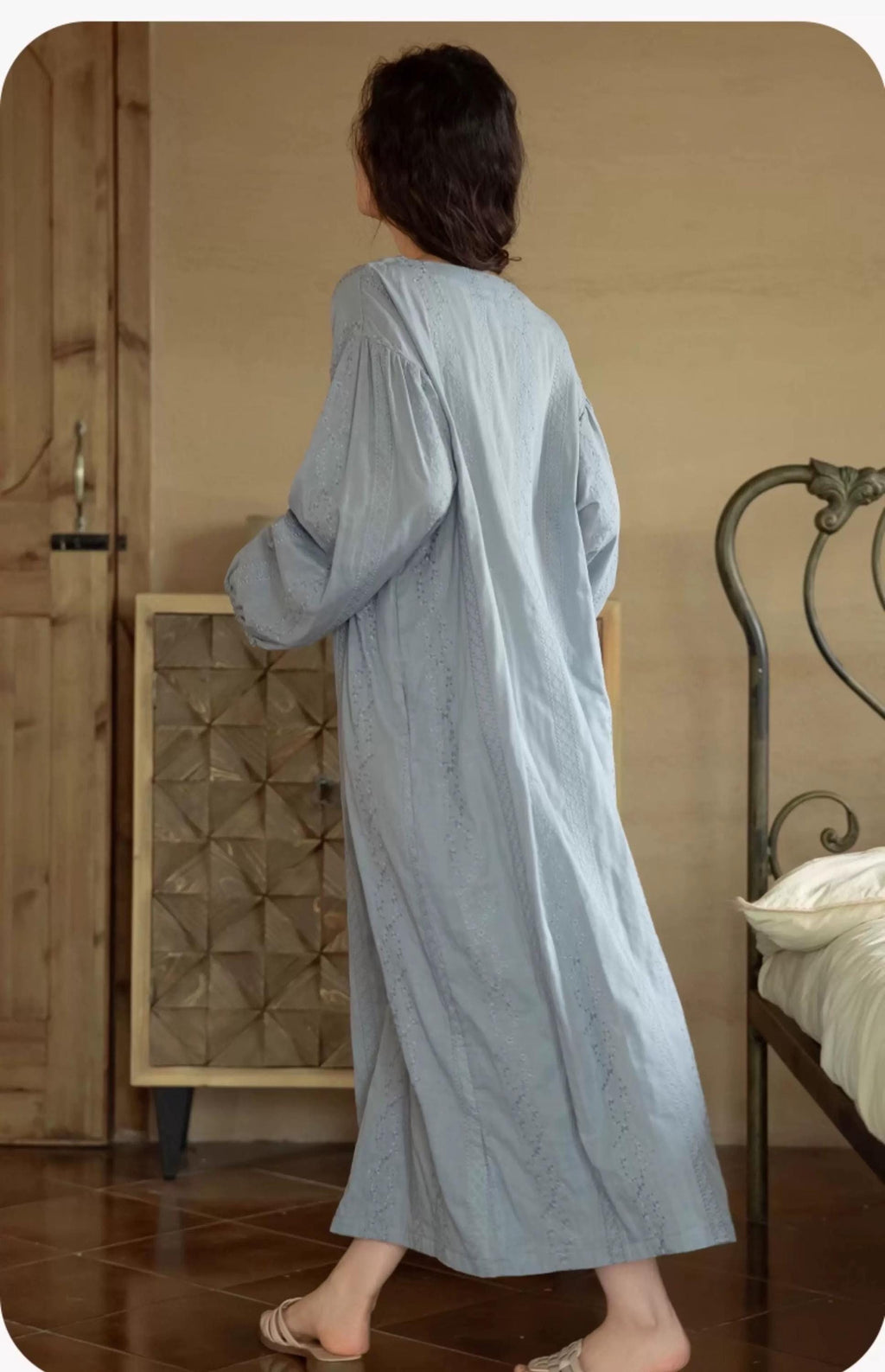 Embroidered Cotton Gauze Robe Dress and Pants Set, Breathable Linen-Feel Kaftan Loungewear