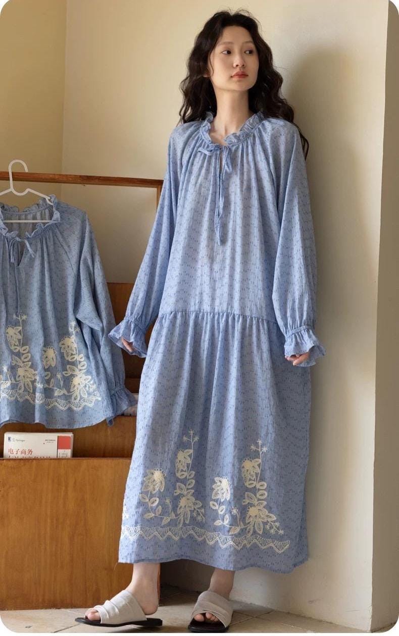 Embroidered Gauze Cotton Loungewear Set or Dress: Relaxed Fit Sleepwear