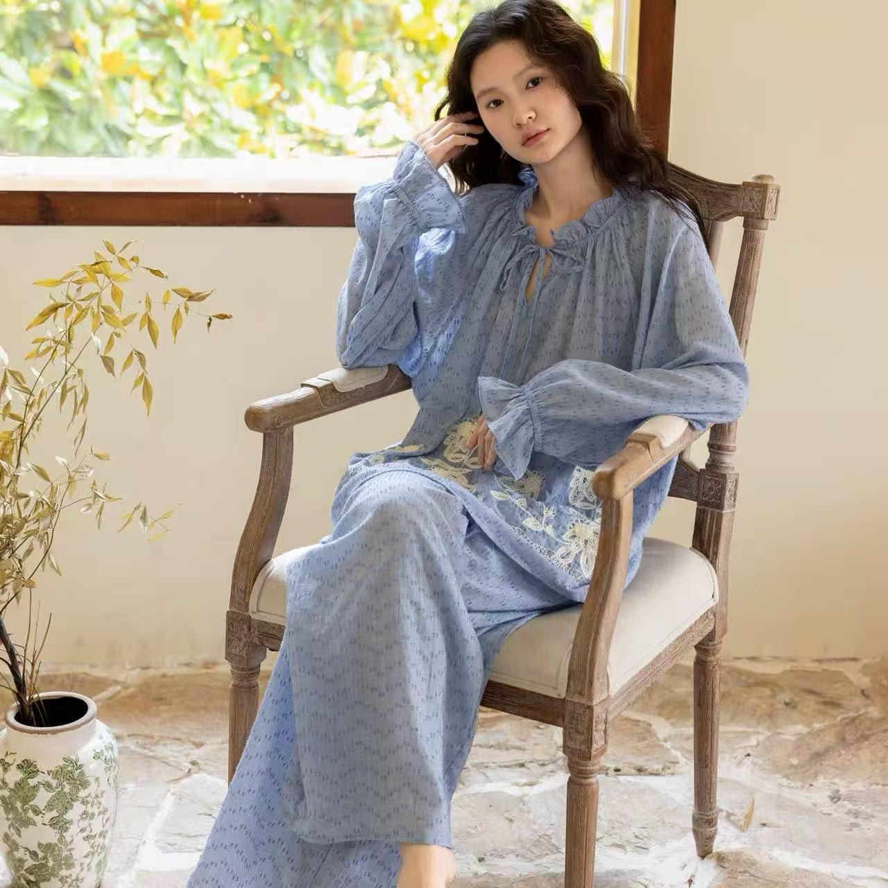 Embroidered Gauze Cotton Loungewear Set or Dress: Relaxed Fit Sleepwear