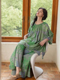 Bamboo Cotton Loungewear Set: Green Botanical Print, Oversized Fit