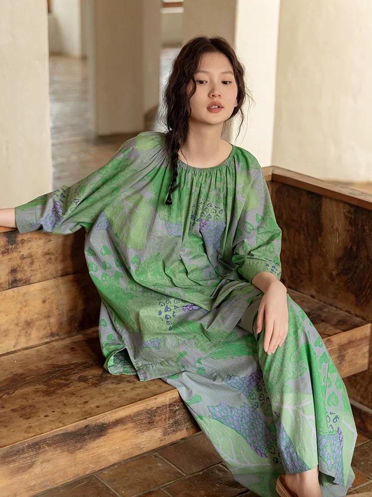 Bamboo Cotton Loungewear Set: Green Botanical Print, Oversized Fit