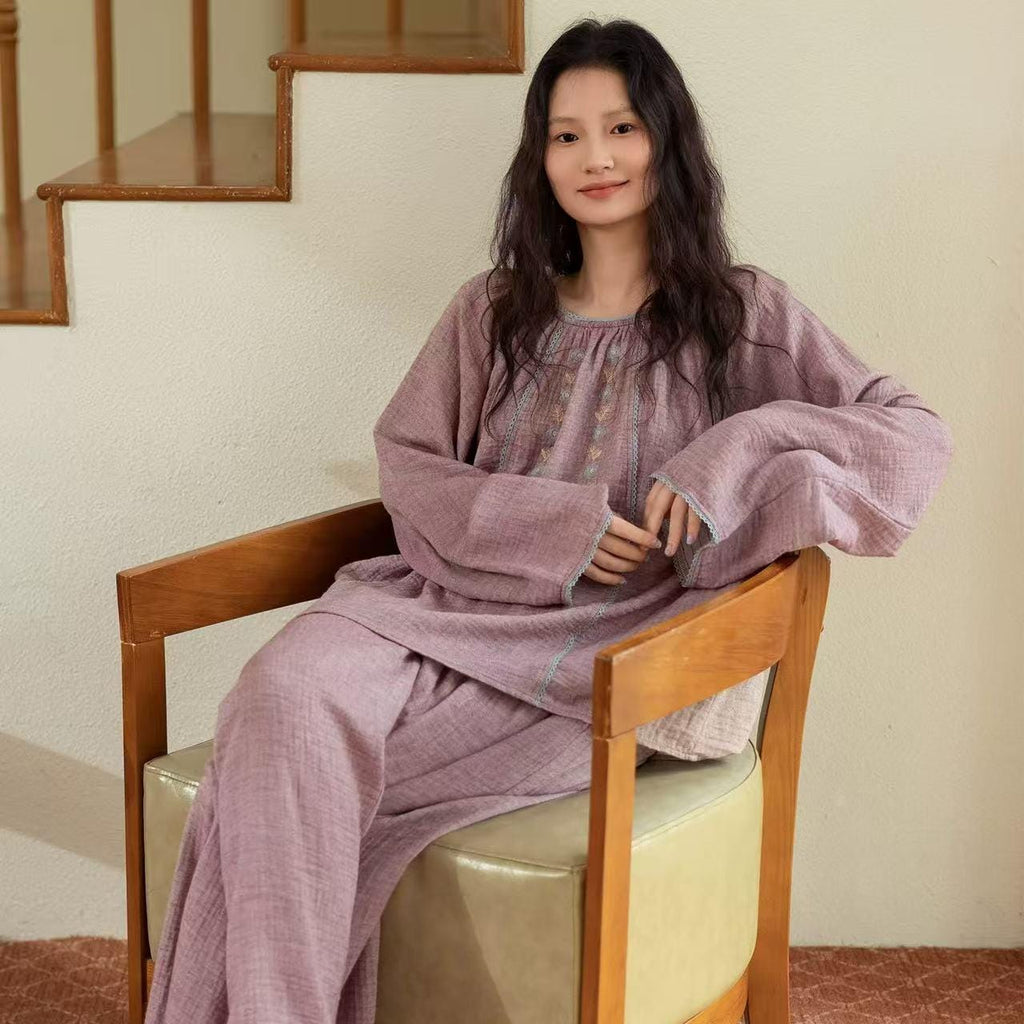 Embroidered Double Layer Gauze Cotton Loungewear Set: Purple Pajamas or Dress Gown
